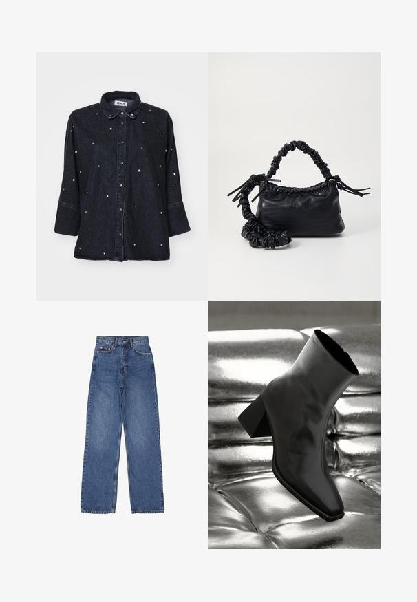 ONLY ONLGRACE 3/4 RHINESTONE - Button-down blouse - washed black; Denim jeans with a high waist and wide legs, featuring a classic blue wash, visible stitching, and metal hardware on the front pocket.; Black ankle boot made of glossy material with a square toe and tapered heel, set against a shiny silver tufted background.; Black faux leather handbag with a crocodile texture, cinched top, and a scrunched strap. Appears soft and compact in design.