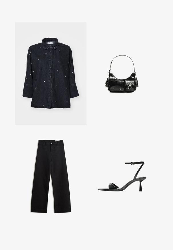 ONLY ONLGRACE 3/4 RHINESTONE - Paitapusero - washed black; Mustat leveät farkut korkealla vyötäröllä, joissa on etu- ja takataskut, ommellut saumat ja nappisuljenta. Silkinoinen rakenne.; Bershka Korolliset sandaalit - black; Mustekko mustasta kiiltonahasta valmistettu käsilaukku, jossa on kaareva muoto, yksi olkahihna, etutaskut ja hopeanväriset yksityiskohdat.