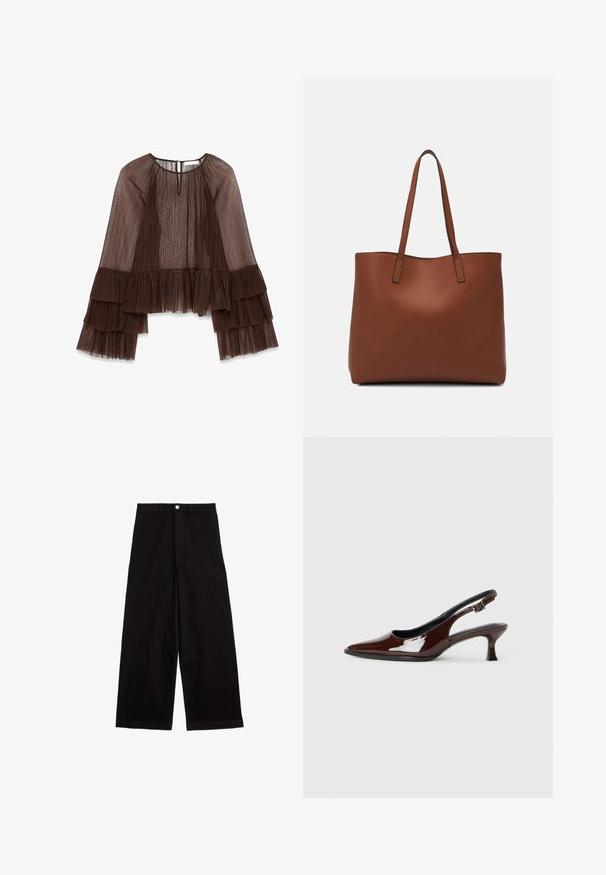 Braunes, plissiertes Oberteil mit langen, rüschengesäumten Ärmeln, das einen runden Ausschnitt und einen Knopfverschluss auf der Rückseite hat. Strukturierter, fließender Stoff.; Schwarze weit geschnittene Hose aus Baumwolle. Mit einem Taillenbund, vorderer Knopfverschluss und ohne auffällige Muster oder Akzente.; Braune Lackleder-Slingback-Schuhe mit spitzer Zehe und moderatem Absatz. Mit einem Schnallenriemen für einen sicheren Sitz. Glatte Textur.; Braune Leder-Tote mit glatter Textur, offenem Oberteil und zwei Schulterriemen. Verfügt über minimale Nähte und keine sichtbaren Beschläge.