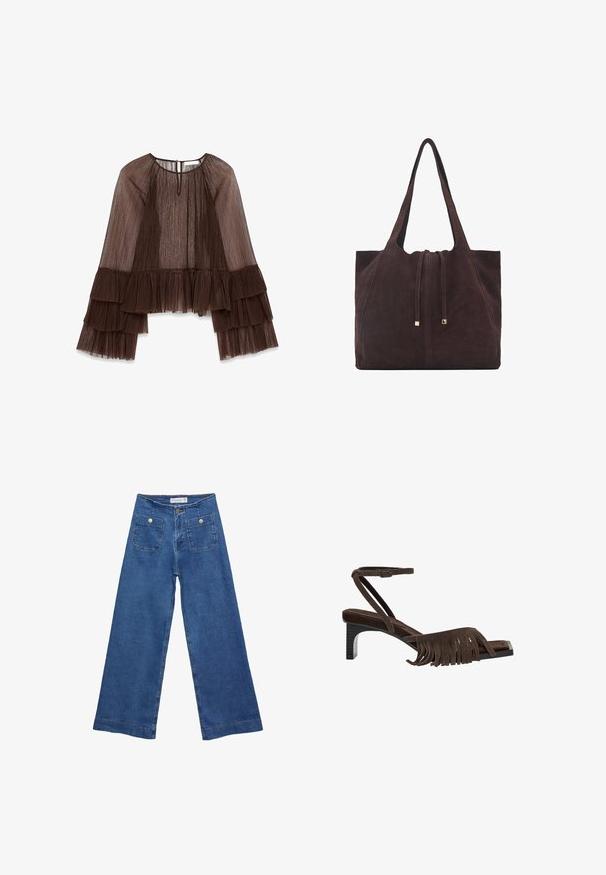 Top marrone plissettato con maniche lunghe e volant, caratterizzato da un collo rotondo e chiusura a bottone nella parte posteriore. Tessuto textured e fluido.; Jeans in denim a gamba larga con un lavaggio blu medio, due tasche frontali con chiusura a bottone e dettagli cuciti lungo gli orli.; Sanda con frange in suede marrone, con cinturino alla caviglia e tacco quadrato basso. Presenta un design elegante e minimalista con una texture sottile.; Mango Shopping bag - dark brown