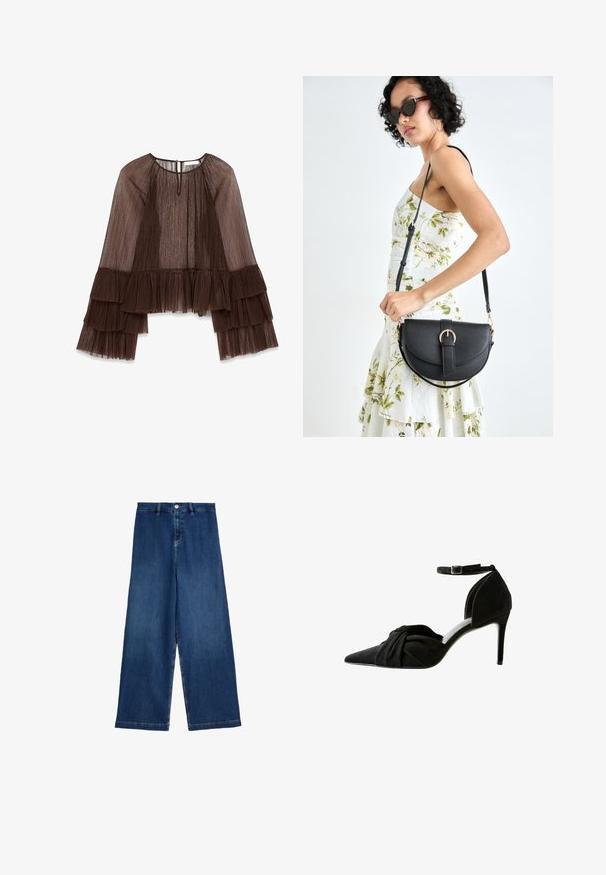 Braunes, plissiertes Oberteil mit langen, rüschengesäumten Ärmeln, das einen runden Ausschnitt und einen Knopfverschluss auf der Rückseite hat. Strukturierter, fließender Stoff.; Weite Jeans aus dunkelblauem Denim. Sie haben eine hohe Taille, eine einzelne Fronttasche und dezente Nähte entlang der Säume.; Schwarzer Wildleder-Pumps mit spitzem Zeh, geknotetem Detail an der Vorderseite, Knöchelriemen und dünnem Stiletto-Absatz.; Schwarze Lederhandtasche mit geschwungener Form, abnehmbarem Tragegurt und goldenen Beschlägen. Die Tasche verfügt über einen Deckel mit einer Schnallen-Details.