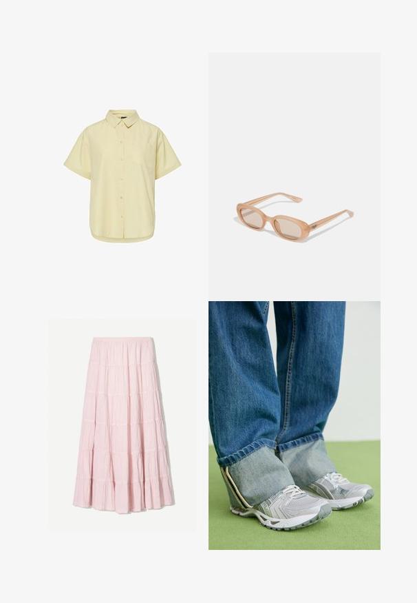 Košile krátký rukáv, světle žlutá s vertikálními bílými pruhy. Obsahuje límec a jednu náprsní kapsu. Hladká textilie.; Světle růžová, vrstvená maxi sukně vyrobená z texturované, lehké látky. Elastický pas a volný lem se zdobením v podobě volánků.; Šedé sportovní boty s síťovinou a bílými akcenty, spárované s modrými džínami, které jsou na kotnících ohrnuté.; Sluneční brýle s transparentním světle hnědým rámem, oválnými čočkami a štíhlými stranami s jemně vyrytým logem. Matný povrch s minimalistickým designem.; Síťovaná kabelka v krémové barvě, s měkkou látkovou podšívkou a jedním uchem, zdobená květinovým akcentem a stahovací šňůrkou.