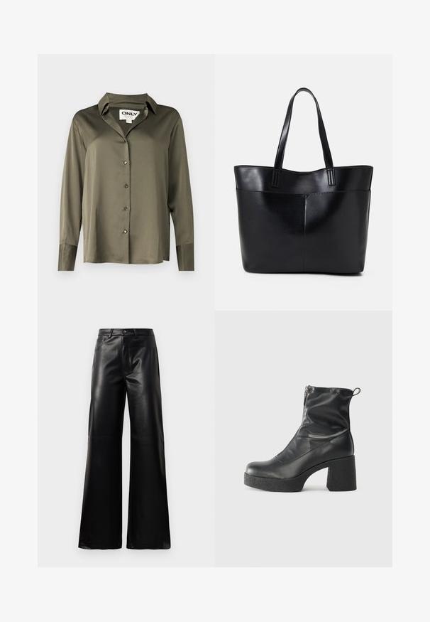ONLY ONLGABBY SHIRT - Užsagstoma palaidinė - kalamata; Juodos aukšto juosmens plačios kojų dirbtinės odos kelnės su priekiniais mygtukais, užtrauktuku, diržo kilpomis ir šoninėmis kišenėmis ant balto fono.; Juodos kulkšninių botai, pagaminti iš lygaus odos, su šoniniu užtrauktuku, masyviu tekstūruotu kulnu ir apvaliu pirštu.; Juoda odinė rankinė su dviem ilgais diržais, lygiu paviršiumi ir struktūrizuota forma. Yra priekinė kišenė papildomam saugojimui.