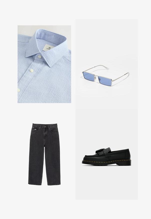 Svjetloplava košulja teksture s kragnom na gumb, koja sadrži dva bijela gumba i oznaku s nazivom brenda unutar kragne.; Črne kavbojke ravnega kroja z petimi žepi in gumbom za zapiranje, na sprednjem desnem žepu pa je majhna bela oznaka.; Črne usnjene loafer čevlje s resicami, rumenim šitjem ob podplatu in debelim, rebrastim gumijastim podplatom.; Kovinske sončne očala pravokotne oblike, z modrimi lečami in srebrnim okvirjem. Imajo nosne blazinice in tanke, ravne ročaje.