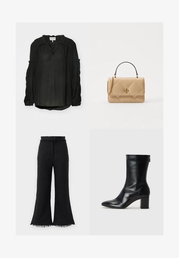 MUNTHE OBSERVATION - Camicetta - black; Pantaloni neri a gamba larga con tessuto texturizzato, orlo sfrangiato e vita elasticizzata. Il design presenta una finitura liscia e una vestibilità rilassata.; Stivale alla caviglia in pelle nera con punta affusolata e tacco a blocco di 4 cm. Design elegante con cerniera laterale per una facile calzata. Tessuto liscio.; Borsa a tracolla in pelle beige trapuntata con hardware dorato, tracolla a catena e manico superiore. Presenta una patta frontale e un dettaglio con logo distintivo.