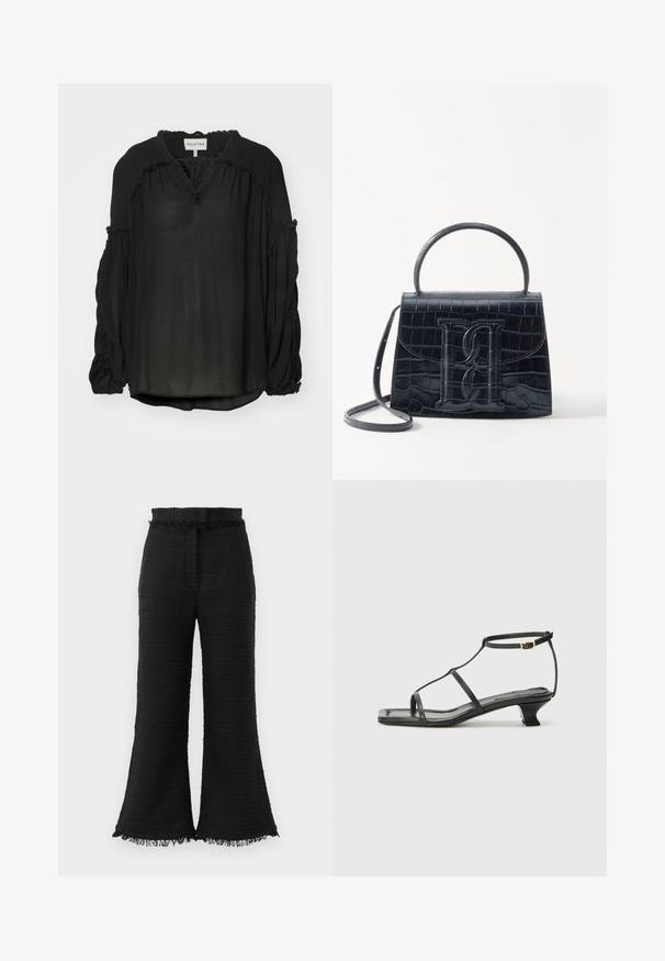 MUNTHE OBSERVATION - Palaidinė - black; Juodos platus kojų kelnės su tekstūruotu audiniu, suplėšytais kraštais ir elastinga juosmens juosta. Dizainas pasižymi lygiu finišu ir laisvu siluetu.; Juodas odinis sandalai su kvadratiniu pirštu, plonomis dirželiais, reguliuojamu kulkšnies dirželiu ir žemu kulnu. Yra nedidelis aukso akcentas ant dirželio.; Juodas krokodilo rašto odinis rankinės krepšys su struktūruotu dizainu, viršutine rankena, reguliuojamu dirželiu ir išsiskiriančiu priekinio logo detale.