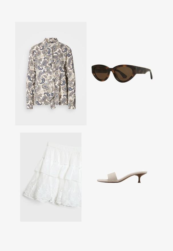 Mønstret bluse med paisley-design i marineblå, beige og lys blå, lavet af letvægtsstof med skjult knaplukning og krave.; Hvid lagdelt nederdel lavet af letvægtsstof, med en flæse-design og blomsterlacemønster ved kanten. Elastisk talje.; Hæl-løs sandal med en beige vævet stofoverdel, åben tå og buet træsål. Designet har en glat tekstur og minimalistisk form.; Skildpadde øjenkat solbriller med brune linser, der har glatte, blanke plastrammer og et slankt design. Ingen synlige logoer eller accenter.; Tory Burch RADZIWILL COLOR-BLOCK PEBBLED PETITE DOUBLE BAG - Håndtasker - wild mushroom; Hvid hårklips formet som en blomst med en lys gul gradient, der har en fjeder-mekanisme og en glat plastoverflade.