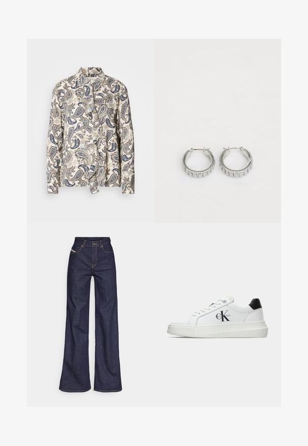 Bluzica s potiskom, ki prikazuje paisley vzorec v temnavijolični, bež in svetlo modri barvi, izdelana iz lahkega materiala, z zakritim gumbom in ovratnikom.; Temno modri široki kavbojke iz denima z visokim pasom, ki imajo oranžne šive, pet žepov in gumba za zapiranje.; Bele nizke superge z črnim hrbtnim delom, platformo, vezalkami in Calvin Klein "CK" logotipom na strani.; Srebrni obroči s teksturiranim dizajnom, ki vsebuje navpične rebraste vzorce. Krožna oblika z varnim zapiranjem na zaponko. Gladek zaključek.