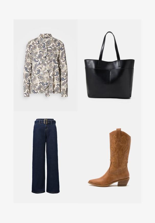Gemusterte Bluse mit Paisley-Design in Marineblau, Beige und Hellblau, aus leichter Stoffqualität, mit verstecktem Knopfverschluss und Kragen.; Dunkelblaue, weite Jeanshose mit gestickten Taschen und einem passenden Gürtel, der eine große rechteckige goldene Schnalle aufweist.; Braune Leder-Cowboy-Stiefel mit spitzem Zehenbereich, bestickten Wirbelmustern am Schaft und einem gestapelten Blockabsatz. Verfügt über einen Ziehriemen für das einfache Anziehen.; Schwarze Leder-Shopper-Tasche mit zwei langen Griffen, einer glatten Textur und einer strukturierten Form. Verfügt über eine Vordertasche für zusätzlichen Stauraum.; Silberne Creolen mit einer glatten, polierten Oberfläche. Runder Form und sicherem Klickverschluss. Leichtes Design, geeignet für den täglichen Gebrauch.