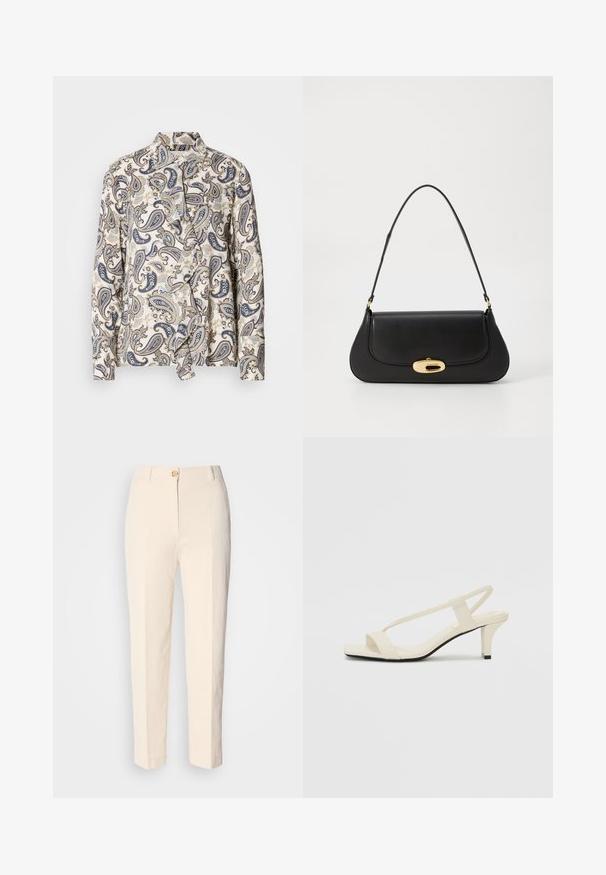 Bluză cu model paisley în tonuri de navy, bej și albastru deschis, confecționată dintr-un material ușor, având închidere cu buton ascuns și guler.; Pantaloni crem, cu talie înaltă, dintr-un material texturat. Au închidere cu nasture în față și picioare conice.; Sandale bej cu toc bloc, cu bretele subțiri și vârf pătrat. Material neted cu detalii minime, concepute pentru a fi ușor de purtat.; Geantă de mână din piele neagră, cu un design curbat, accesorii de culoare aurie și un mâner de sus. Dispune de o închidere elegantă și o textură netedă.