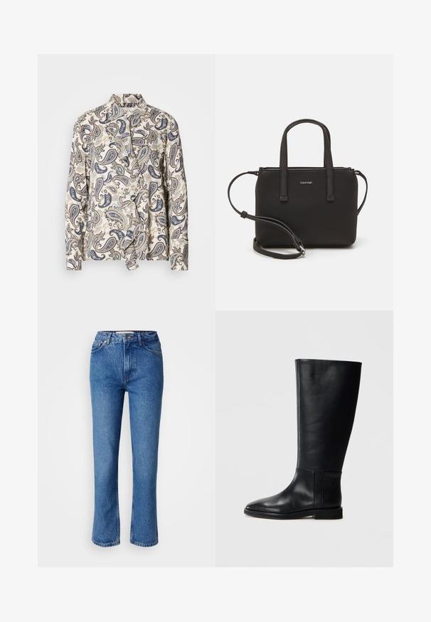 Uzzīmēts blūze ar paisley rakstu, kas izgatavota tumši zilos, bēšo un gaiši zilos toņos, no viegla auduma ar slēptu pogu aizdari un apkakli.; Zilā džinsā ar taisnu kāju griezumu, ar klasisku piecu kabatu dizainu, oranžiem šuvumiem un pogu aizdari.; Melnas ādas līdzceļgala zābaki ar noapaļotu pirkstu, gludu tekstūru, minimālistisku dizainu un plakanu zoli. Vienkāršas šuvju detaļas uz zābaku augšdaļas.; Melns roku soma ar divām īsām rokturiem un noņemamu plecu siksnu. Gluda ādas līdzīga materiāla ar rāvējslēdzēja aizdari un logos detaļu.