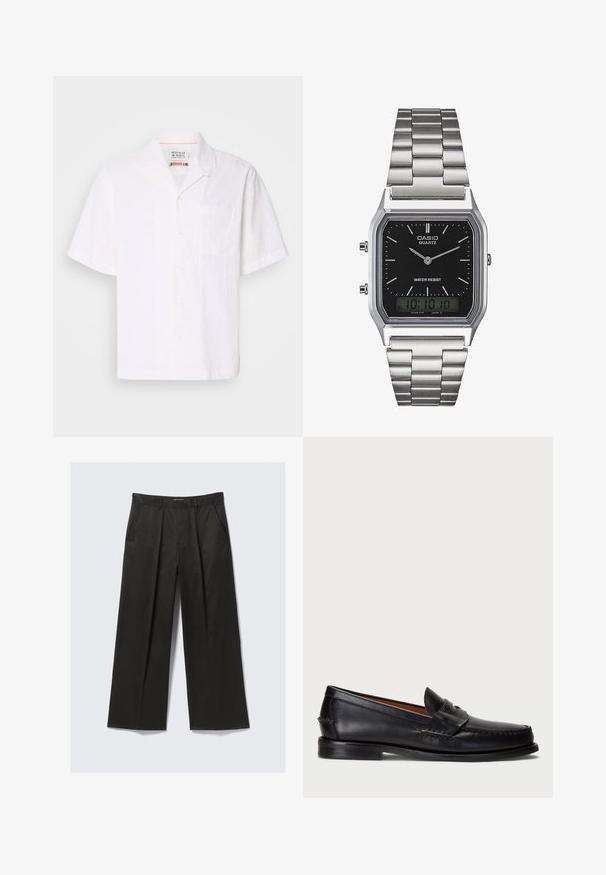 Camisa de manga corta, blanca, hecha de una tela ligera. Presenta un patrón sutil, cierre de botones en la parte delantera y un único bolsillo en el pecho.; Pantalones negros de pierna ancha con una textura suave, que presentan dos bolsillos frontales y una cintura ligeramente elevada.; Mocasin de cuero negro con punta redondeada, detalles de costura y una correa decorativa en la parte frontal. Suela plana con un perfil minimalista.; Reloj de cuarzo de acero inoxidable plateado con una esfera rectangular negra, que presenta manecillas analógicas, pantalla digital y etiqueta de resistencia al agua.