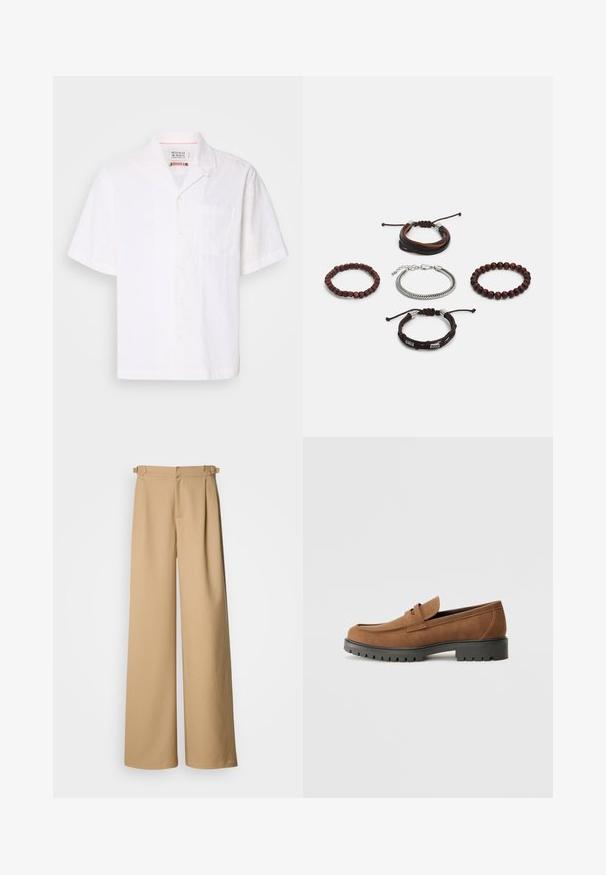 Kratka bela srajca s kratkimi rokavi iz lahkega materiala. Ima subtilen vzorec, gumbasto zapiranje na sprednji strani in en sam žep na prsih.; Bež hlače širokih nogavic z visokim pasom, gubami spredaj in zankami za pas. Narejene so iz gladkega materiala z čistim, minimalnim dizajnom.; Bordaste usnjene loafers z zaobljenim nosom in nizkim temnim gumijastim podplatom, z okrasnim trakcem in šivi na zgornjem delu.; Skup pet zapestnic, ki vključujejo rjavo usnje, lesene perle in srebrno verigo; raznolike teksture in oblike, z nastavljivimi zapiralci.