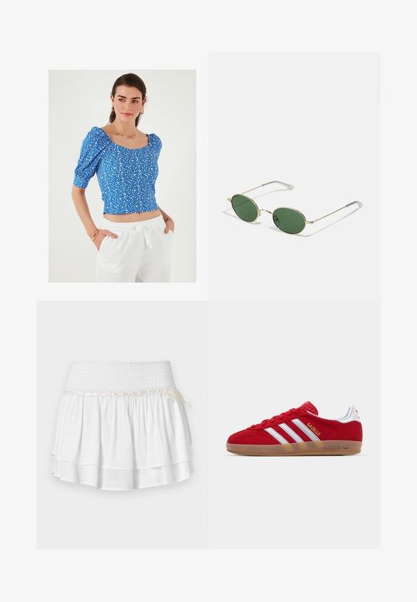 Top scurt floral albastru cu mâneci bufante și decolteu pătrat, având un model floral alb mic și un material texturat. Asortat cu pantaloni albi.; Fustă albă în straturi cu talie elastică, având un detaliu texturat de smocking și un accent decorativ cu panglică. Material din bumbac.; Sneaker roșu din suede cu un design alb cu trei dungi și text auriu "Gazelle". Dispune de o talpă din cauciuc și un toc texturat.; Ochelari de soare cu ramă aurie, lentile ovale verzi și brațe subțiri din metal. Dispune de vârfuri din plastic transparent pe brațe pentru confort.