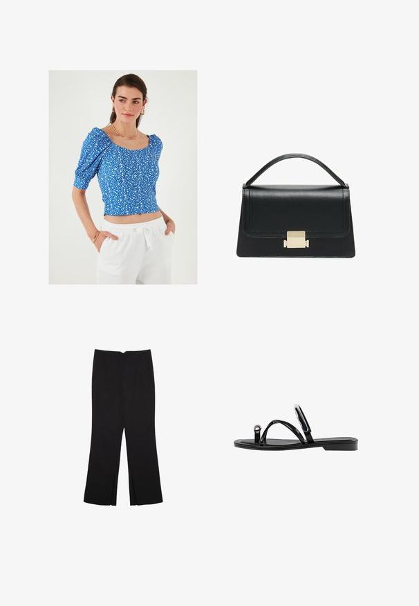 Blaues floral bedrucktes Cropped-Top mit Puffärmeln und quadratischer Ausschnitt, das ein kleines weißes Blumenmuster und strukturierten Stoff aufweist. Kombiniert mit weißen Hosen.; Schwarze Hose mit geradem Schnitt, ausgestattet mit Fronttaschen und Seitenschlitzen am Saum. Hergestellt aus weichem, glattem Stoff. Geeignet für verschiedene Anlässe.; Schwarze flache Sandalen mit glänzender Oberfläche, drei dünnen Riemen und einem runden Hardware-Detail an den Zehen. Elegantes Design mit einem minimalen Absatz.; Schwarze Lederhandtasche mit strukturiertem Design, oberem Griff und einem goldenen Metallschnappverschluss auf der Vorderseite. Glatte Textur, minimale Nähte.