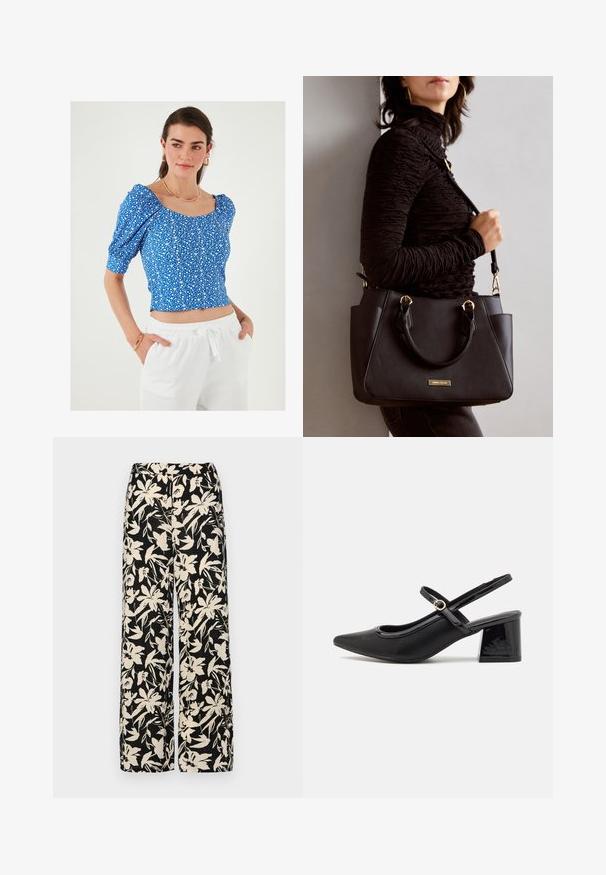 Top corto azul de flores con mangas abullonadas y escote cuadrado, que presenta un pequeño patrón de flores blancas y tela texturizada. Combinado con pantalones blancos.; Pantalones de pierna ancha negros con un patrón floral crema. Fabricados en un tejido ligero, con una textura suave y una cintura alta.; Tacones slingback de charol negro con punta afilada, un diseño de corte redondeado y tacón bloque. Incluye un detalle de hebilla en tono dorado.; Bolso negro con superficie texturizada, doble asa superior y correa para hombro ajustable. Presenta herrajes en tono dorado y bolsillos laterales.