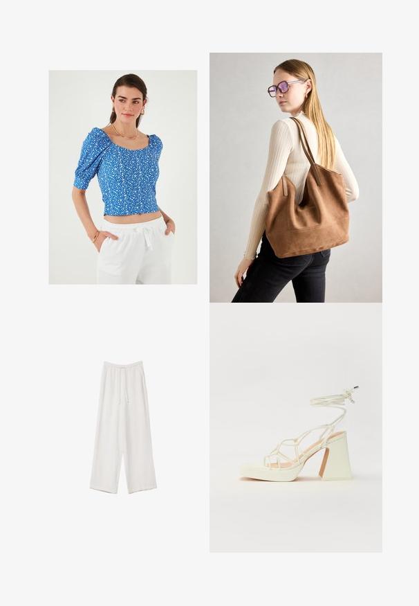 Niebieski kwiatowy top z krótkim rękawem i kwadratowym dekoltem, z małym białym wzorem kwiatowym i teksturowanym materiałem. W komplecie z białymi spodniami.; Białe spodnie o szerokich nogawkach wykonane z lekkiego materiału. Posiadają elastyczny pas z sznurkiem i boczne kieszenie. Gładka tekstura.; Biała sandał na wysokim obcasie z masywnym słupkiem, z paskowym wzorem i wiązaniem przy kostce. Gładka faktura z platformą z przodu dla dodatkowej wysokości.; Brązowa torebka typu tote wykonana z zamszu o miękkiej teksturze, z dużym otwarciem i długimi paskami. Charakteryzuje się prostym designem z widocznymi szwami i bez elementów metalowych.