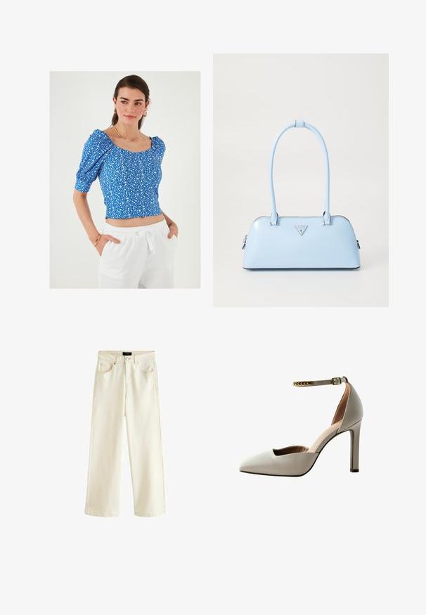 Mėlynas gėlių rašto crop top'as su pūstomis rankovėmis ir kvadratine iškirpte, turi mažą baltą gėlių raštą ir tekstūrinę medžiagą. Sukombinuotas su baltais keliais.; Plati kojinės kelnės iš šviesiai bežinio džinsinio audinio, su mygtuko uždarymu, penkiomis kišenėmis ir lygiu paviršiumi. Paprastas ir šiuolaikiškas dizainas.; Šviesiai pilkas aukštakulnis batelis su smailiu nosiu, atviru vampu, kulkšnies dirželiu ir auksine grandinėle. Lygus odos paviršius.; Šviesiai mėlyna rankinė su struktūriška forma, lygaus odos paviršiaus, dviem rankenomis ir trikampiu prekės ženklo logotipu priekyje. Užtraukiama uždanga.