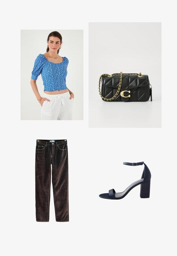 Blauwe bloemen crop top met pofmouwen en een vierkante halslijn, voorzien van een klein wit bloemenpatroon en een textuurstof. Gecombineerd met een witte broek.; Bruine corduroy rechte broek met vijf zakken, contrasterende stiksels en een knoopsluiting bij de taille. Zachte textuur met een geribbeld patroon.; Marineblauwe hoge sandaal met een gladde textuur, brede band over de tenen, enkelbandje en een blokhak voor stabiliteit.; Zwarte gewatteerde leren handtas met een gouden kettingschouderband en een toggle-sluiting met een rond accent. Compacte rechthoekige vorm.