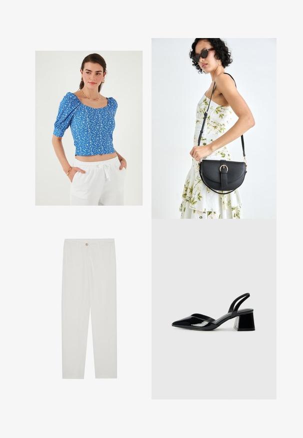 Top corto azul de flores con mangas abullonadas y escote cuadrado, que presenta un pequeño patrón de flores blancas y tela texturizada. Combinado con pantalones blancos.; Pantalones blancos, ajustados, con un diseño de pierna recta, que cuentan con un cierre de botón, lazos para cinturón y bolsillos laterales; textura de tela suave.; Zapatos de tacón slingback de charol negro con punta afilada y tacón geométrico en bloque. Presentan un diseño elegante y minimalista, así como una textura suave.; Bolso de piel negra con forma curva, correa desmontable y herrajes dorados. El bolso cuenta con una solapa con un detalle de hebilla.