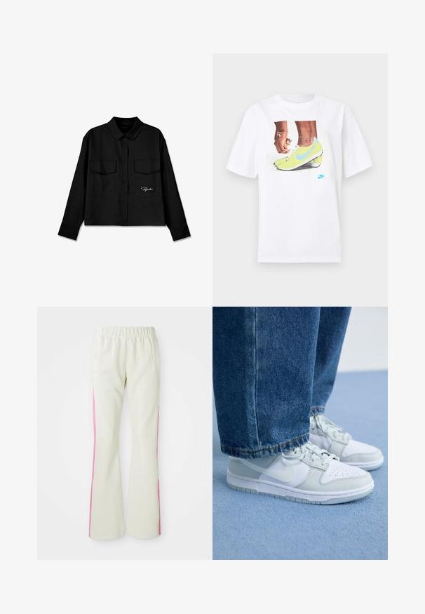 Melnā īsajā krekls ar norādītu apkakli, dubultām krūšu kabatām, pogu priekšpusi un izšūtu logotipu kreisajā pusē. Gluda auduma tekstūra.; Balts kokvilnas T-krekls ar grafiku, kurā attēloti zili akcentēti dzelteni Nike zābaki un kreisajā rokā valkāta rokassprādze.; Gaiši beigi bikses ar elastīgu jostu, aprīkotas ar rozā sānu paneļiem un sānu kabatām. Gluda tekstūra ar taisnu kāju dizainu.; Nike sporta apavi balta un gaiši pelēka āda ar perforētu degunu, plakaniem kurpju šņorēm un gumijas zoli, saskaņoti ar zilu džinsu biksēm.