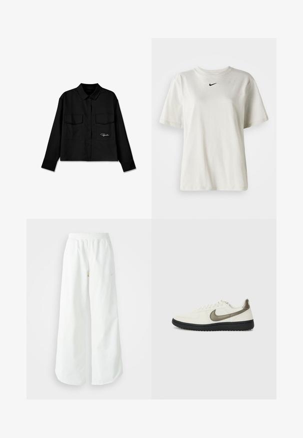 Čierny skrátený tielko s špicatým golierom, dvojitými náprsními vreckami, gombíkovým zapínaním a vyšitým logom na ľavej strane. Hladká textúra látky.; Biely bavlnený tričko s okrúhlym výstrihom a krátkymi rukávmi. Na hrudi sa nachádza malé čierne logo Nike. Jednoduchý a nezdobený dizajn.; Biele široké športové nohavice s ribbovaným pásom a jemným logom. Hladká tkanina s uvoľneným strihom a zúženým lemom.; Nike Sportswear FIELD GENERAL - Tenisky - off-white/black