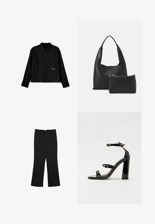 Black cropped shirt with a pointed collar, double chest pockets, button front, and embroidered logo on the left side. Smooth fabric texture.; Black trousers with a straight fit, featuring front pockets and side slits at the hem. Made of soft, smooth fabric. Suitable for various occasions.; Black patent high-heeled sandals with two buckle straps, square toe, and a chunky block heel, featuring a smooth, glossy texture.; Even&Odd Handbag - black