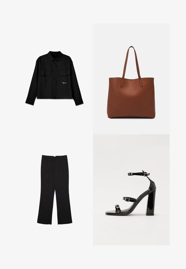 Schwarzes Cropped-Shirt mit spitzem Kragen, doppelten Brusttaschen, Knopfleiste und gesticktem Logo auf der linken Seite. Glatte Stoffstruktur.; Schwarze Hose mit geradem Schnitt, ausgestattet mit Fronttaschen und Seitenschlitzen am Saum. Hergestellt aus weichem, glattem Stoff. Geeignet für verschiedene Anlässe.; Schwarze Lackleder-Sandalen mit hohen Absätzen, zwei Riemen mit Schnallen, quadratischer Zehenpartie und klobigem Blockabsatz, mit einer glatten, glänzenden Textur.; Braune Leder-Tote mit glatter Textur, offenem Oberteil und zwei Schulterriemen. Verfügt über minimale Nähte und keine sichtbaren Beschläge.