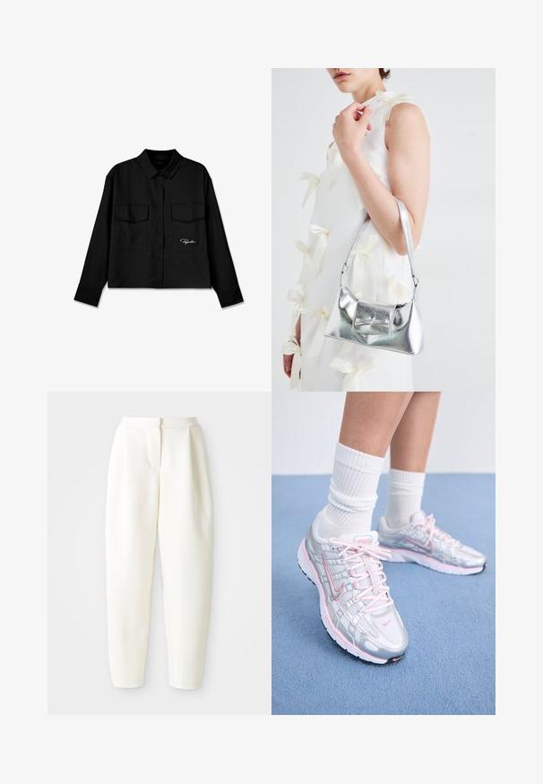Črna skrajšana majica s koničastim ovratnikom, dvema žepoma na prsih, gumbom spredaj in izvezenim logotipom na levi strani. Gladek tekstura tkanine.; Bela visoko pasovana tapered hlače z zadrgo na sprednji strani in stranskimi žepi, prikazane na enotnem belem ozadju.; Nike tekaške čevlje z srebrno mrežasto zgornjico in rožnatimi poudarki, belimi vezalkami in teksturirano podplatom. Oblečeni so z belimi bombažnimi športnimi nogavicami.; Srebrna metalna torbica z oblikovano strukturo, ki ima zgornji ročaj in detajl v obliki mašne spredaj. Gladka tekstura, z odsevnimi površinami.