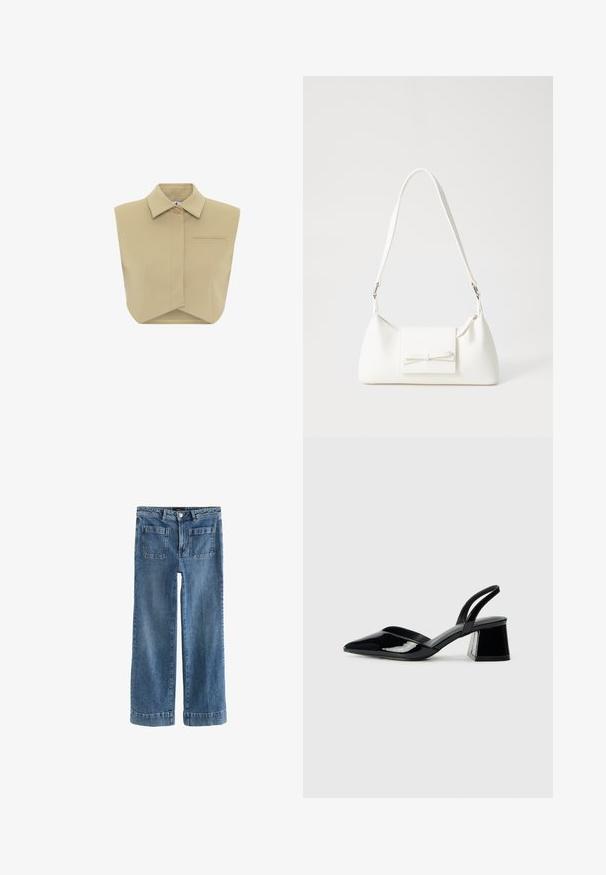 Top sin mangas color beige con cuello de punta, cierre frontal de botones y un solo bolsillo en el pecho; diseño estructurado con una silueta recortada.; Jeans de mezclilla azul claro con diseño de pierna ancha, cierre frontal de botón y cremallera, dos bolsillos frontales y dos traseros, que cuentan con dobladillos enrollados.; Zapatos de tacón slingback de charol negro con punta afilada y tacón geométrico en bloque. Presentan un diseño elegante y minimalista, así como una textura suave.; Bolso sintético blanco con forma triangular, tapa frontal plana y detalle de lazo, correa ajustable, textura suave y diseño minimalista.