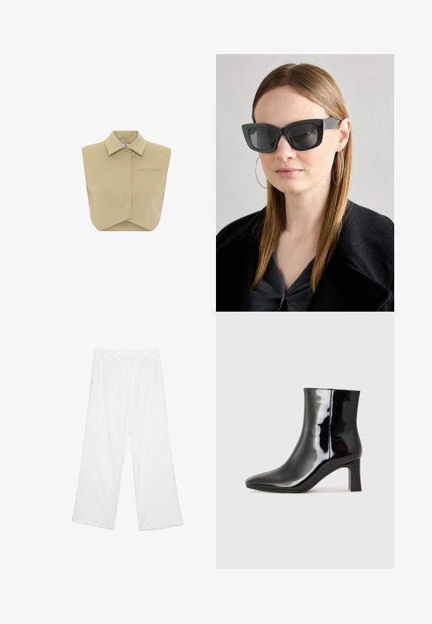 Beige ærmeløs top med spidse krave, frontlukning med knapper og en enkelt brystlomme; struktureret design med en cropped silhuet.; Vide bukser i hvidt stof med en glat tekstur, frontlommer og en klassisk talje med bæltestropper.; Sort lakeret ankelstøvle med spids tå og en midt-højde blokhæl. Glat tekstur og minimalistisk design.; Sorte katteøje solbriller med mørke linser, tykke rammer og subtile detaljer. Båret med en sort frakke og en grå bluse, med langt, glat hår.