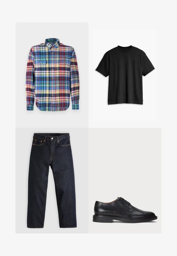 Károvaná košile v mnoha barvách z látky s límečkem na knoflíky, dvěma náprsními kapsami a zakřiveným lemem. Knoflíky jsou hnědé.; Černé bavlněné tričko s kulatým výstřihem a krátkým rukávem. Má decentní logo na přední straně a rovný lem. Jednoduchý a minimalistický design.; Tmavomodré džíny z denimu se straight střihem, pěti kapsami, kontrastním oranžovým šitím a knoflíkovým zapínáním. Žádné viditelné vzory ani ozdoby.; Černé kožené společenské boty s kulatou špičkou, šněrováním a nízkým podpatkem. Hladký povrch s minimálním šitím.