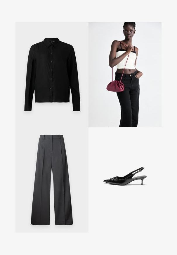 Black long-sleeve button-up shirt made of smooth fabric. Features a classic collar and a straight cut with button closure down the front.; Wide-leg trousers in dark gray fabric, featuring a high waist, single pleats, and a smooth texture with a clean finish at the hems.; Black leather slingback heels with a pointed toe, small kitten heel, and a decorative knot detail on the front. Smooth texture throughout.; Burgundy soft fabric handbag with a gathered design and a long strap, worn crossbody. Model wears a white crop top and black jeans.