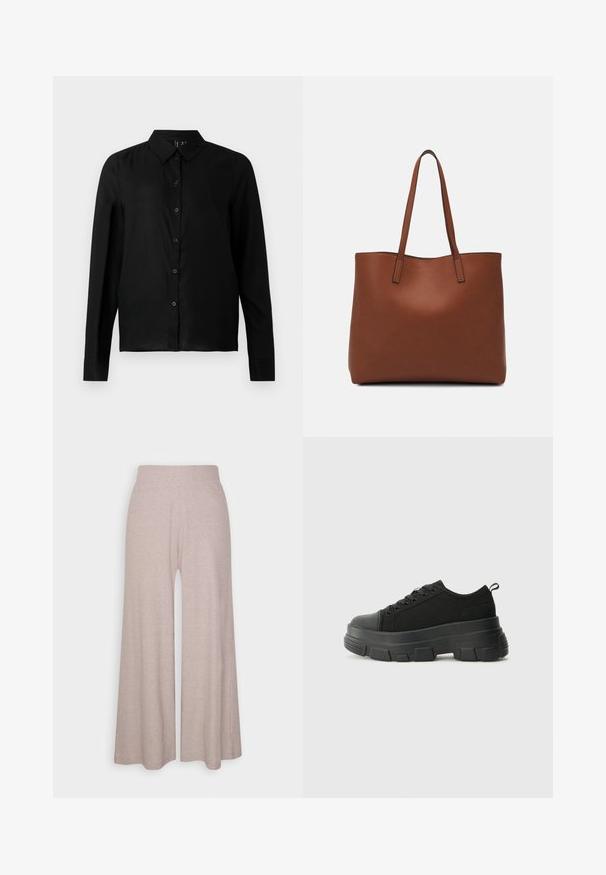 Camisa preta de manga longa com botão, feita de tecido suave. Apresenta um colarinho clássico e um corte reto com fecho de botão na frente.; Calças largas de tom cinza claro, feitas de um tecido suave e estriado, com uma cintura alta e pernas de comprimento total com uma textura subtil.; Sneakers pretos com sola de borracha robusta, parte superior de tecido texturizado, bico redondo e design de atacadores. Apresenta ilhós reforçados e uma alça na parte posterior.; Bolsa tote de couro castanho com uma textura suave, design de abertura superior e duas alças para o ombro. Apresenta costura mínima e sem hardware visível.