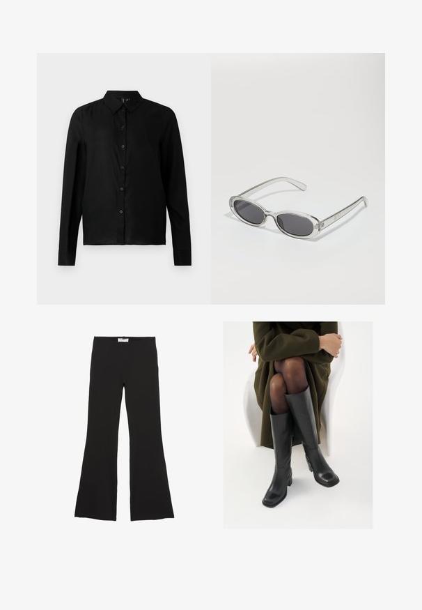 Crna košulja dugih rukava s gumbima od glatke tkanine. Ima klasičan ovratnik i ravni kroj s kopčanjem na gumbe sprijeda.; Crne široke hlače od mekanog materijala, s dizajnom širokih nogavica i elastičnim pojasom za udobnost. Bez vidljivih uzoraka ili naglasaka.; Čizme od crne kože do koljena sa četvrtastim vrhom i blok petom, prikazane s manekenkom koja sjedi u maslinasto zelenom kaputu. Glatka tekstura, minimalni detalji.; Naočale u ovalnom obliku, okvir od prozirne plastike, tamno sivi leće i tanke prozirne ručke s logotipom i minimalnim detaljima.; Crna torba za rame izrađena od glatkog materijala, sa zakrivljenim oblikom, zlatnim patentnim zatvaračem i zlatnim reljefnim logotipom na prednjoj strani.