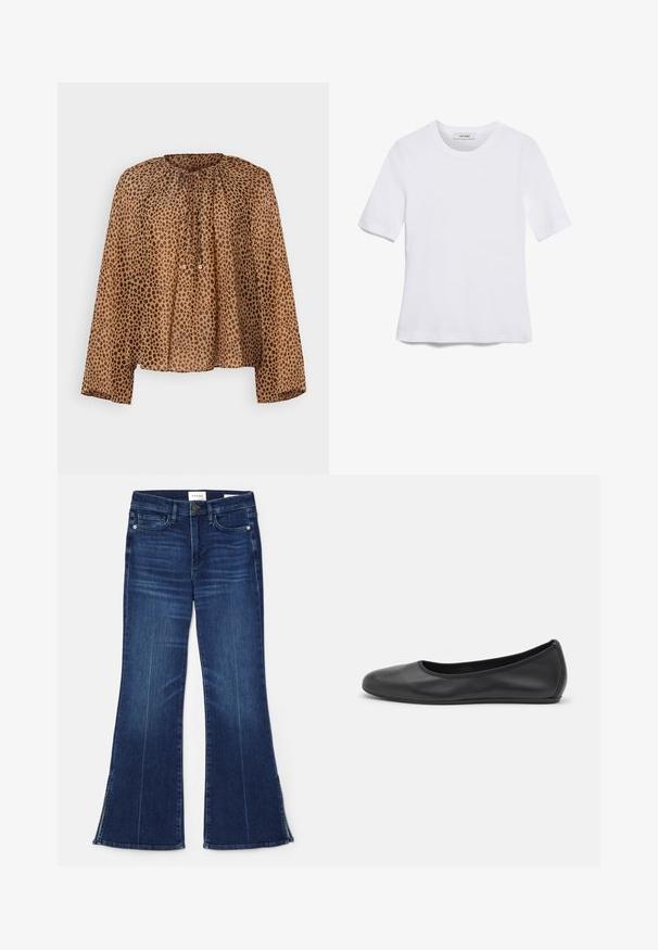 Blusa marrone a pois con scollatura rotonda, dettagli arricciati e maniche lunghe. Tessuto leggero e trasparente con vestibilità comoda.; T-shirt bianca a maniche corte realizzata in tessuto a costine. Collo rotondo, vestibilità regolare e dettagli di cucitura sottili. Senza motivi o grafiche.; Jeans a zampa d'elefante blu scuro in denim. Caratterizzati da una vita alta, tasche anteriori e dettagli con spacco all'orlo. Design classico a cinque tasche.; Pantofole da balletto nere in pelle con punta arrotondata, texture liscia, dettagli di cucitura minimi e design con suola flessibile.