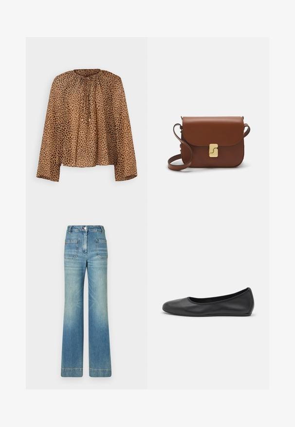 Braun gepunktete Bluse mit Rundhalsausschnitt, gerafften Details und langen Ärmeln. Leichtes, durchsichtiges Material mit lockerer Passform.; Weißes kurzärmliges T-Shirt aus geripptem Stoff. Runder Halsausschnitt, normale Passform und dezente Nähte. Keine Muster oder Grafiken.; Helle blaue, ausgestellt geschnittene Jeans aus Denim mit fünf Taschen, Gürtelschlaufen, Knopfverschluss und einer leicht verblassten Textur, die ein rotes Logodetail auf der Rückseite aufweist.; Schwarze Leder-Ballettschuhe mit abgerundeter Spitze, glatter Textur, minimalen Nähdetails und einem flexiblen Sohlen-Design.; Braune Ledertasche mit Klappenverschluss, Beschlägen in Goldfarbe, einem Schultergurt und einer glatten Oberfläche. Kompakte rechteckige Form.