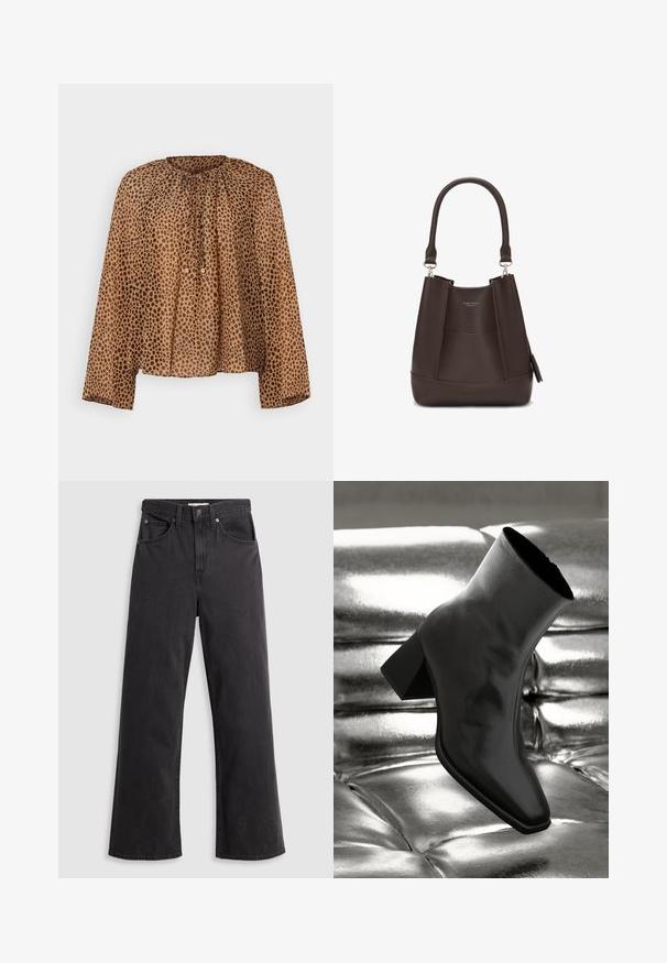 Hnedá, bodkovaná blúzka s okrúhlym výstrihom, zhnutými detailmi a dlhými rukávmi. Ľahká, priesvitná tkanina s voľným strihom.; Čierne džínsy so širokými nohavicami a vysoko posadeným pásom, s piatimi vreckami a kovovým zapínaním. Tkanina má hladký, jemne vyblednutý povrch.; Čierne členkové topánky vyrobené z lesklého materiálu so štvorcovou špičkou a zúženým podpätkom, na lesklom striebornom podklade s vystuženým vzorom.; Carlheim ADALINE - Kabelka - brown
