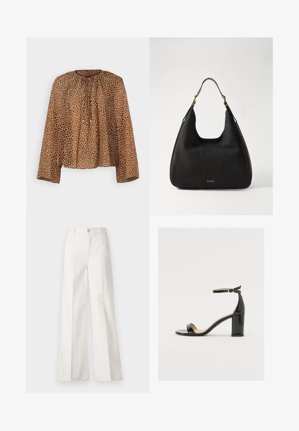 Brun, prikket bluse med rund udskæring, sammenfoldede detaljer og lange ærmer. Letvægts, gennemsigtigt stof med en afslappet pasform.; Hvide vidde bukser lavet af bomuld med en glat tekstur. Har en frontknap, lynlås, og fire-lomme design.; Sorte lakerede sandaler med bred hæl, åben tå og ankelrem med en guldbuckle. Glat tekstur og strømlinet design.; MICHAEL Michael Kors NOLITA HOBO  - Håndtasker - black
