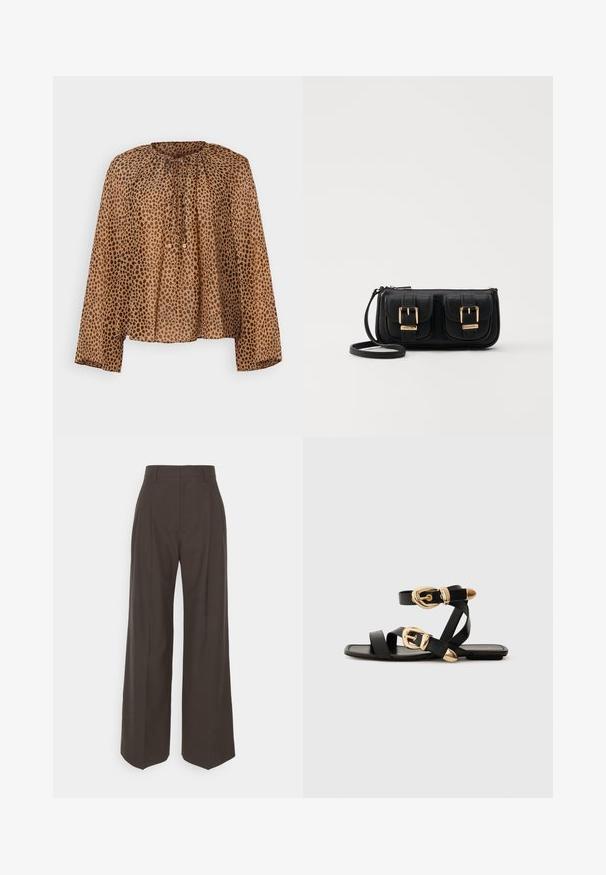 Hnědá blůza s flíčky, kulatým výstřihem, nařasenými detaily a dlouhými rukávy. Lehce průhledný materiál s volným střihem.; Tmavě hnědé kalhoty s širokými nohavicemi a vysokým pasem, s elegantně vyžehlenými puky, hladkou texturou a přesným střihem.; Černé kožené sandály s pozlacenými přezkami, s vícero popruhy a plochou podrážkou pro nošení s otevřenou špičkou.; Černá kožená crossbody taška se dvěma předními kapsami, zlatými přezkami, zipovým uzávěrem a štíhlým popruhem. Texturovaný povrch a kompaktní obdélníkový tvar.