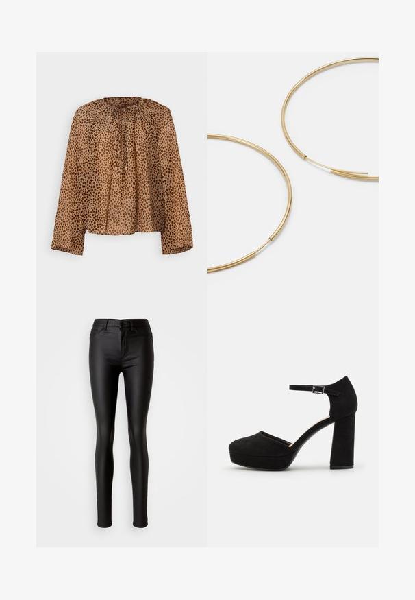 Bruine blouse met dierenprint, geplooide halslijn, lange mouwen en een losse pasvorm. Lichtgewicht stof met een gladde textuur.; Zwarte faux leren skinny jeans met een gladde textuur, hoge taille, knoopsluiting en een traditionele vijf-pocket stijl.; Zwarte suède plateauhakken met een dikke blokhak, ronde neus en enkelbandje dat is beveiligd met een metalen gesp. Zachte textuur overal.; Gouden oorringen, dun en rond van vorm, met een gladde metallic afwerking en zonder versieringen of patronen.; Zwarte leren portemonnee met een opklapbare flap, gouden hardware en een logo-accent. Inclusief een afneembare strap voor het dragen.