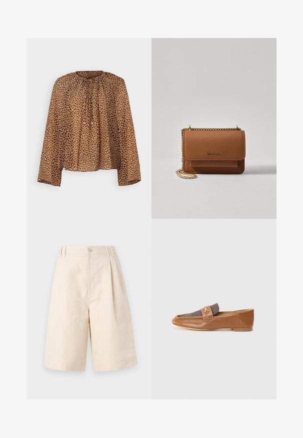 Braun gepunktete Bluse mit Rundhalsausschnitt, gerafften Details und langen Ärmeln. Leichtes, durchsichtiges Material mit lockerer Passform.; Beige Leinen-Shorts mit lockerer Passform, ausgestattet mit einem Knopfverschluss, gefaltetem Design und knielangem Schnitt. Glatte Textur und schlichter Stil.; Braune Lederloafers mit einem strukturierten braunen Stoffeinsatz und goldenen Hardware-Details. Schmaler Schnitt und gestickte Akzente an den Seiten.; Braune strukturierte Ledertasche mit goldener Kettenriemen und Klappenverschluss. Die Vorderseite zeigt ein Logo-Detail und eine Tasche unter der Klappe.