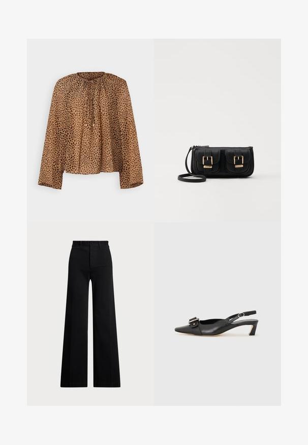Blouse marron à pois avec un col rond, détails froncés et manches longues. Tissu léger et transparent avec une coupe décontractée.; Pantalons larges noirs en tissu tissé, dotés d'une taille haute, d'une fermeture à boutons sur le devant et de poches latérales. Texture lisse avec des lignes épurées.; Chaussure slingback en cuir noir avec un bout pointu, un petit talon et un détail de boucle décoratif sur le dessus. Texture lisse, design minimaliste.; Sac en cuir noir porté en travers avec deux poches avant, boucles dorées, fermeture zippée et une sangle fine. Surface texturée et forme rectangulaire compacte.