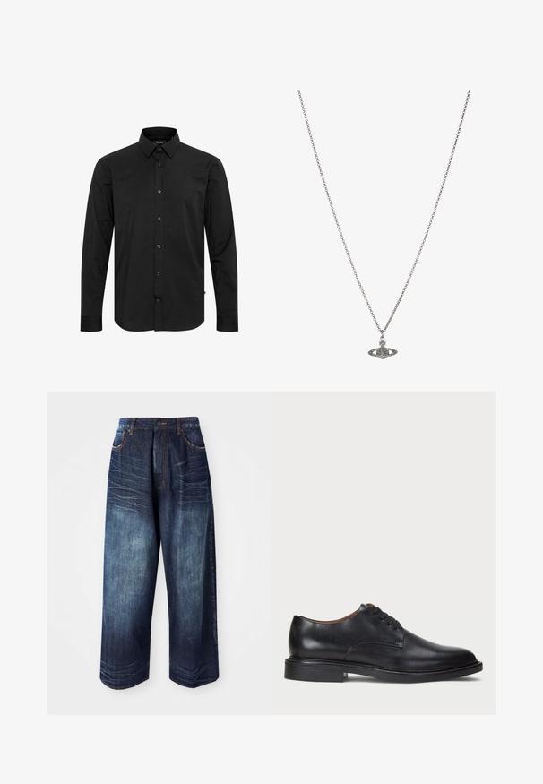 Zwarte langharige overhemd met knopen en een puntige kraag, zichtbare merklabel binnenin de kraag en een gebogen zoom.; Witte katoenen T-shirt met korte mouwen, ronde hals en subtiele Levi's logo gedrukt in het midden. Zachte textuur en standaard pasvorm.; Donkerblauwe denim wijde broek met een hoge taille, contraststeek, voorzakken en een soepele textuur met een lichte vervaging.; Zwart leren dresschoen met een ronde neus, vetersluiting en een lage gestapelde hak. Gladde textuur met minimale stiksels.; Zilveren ketting met een gedetailleerde hanger in de vorm van een planeet, versierd met kleine accenten en verfijnde patronen.