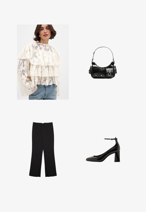White lace blouse with three layered ruffles, long sleeves, and a high neckline. Paired with light blue denim jeans.; Black trousers with a straight fit, featuring front pockets and side slits at the hem. Made of soft, smooth fabric. Suitable for various occasions.; Black patent leather ankle strap pump with a glossy finish, pointed toe, and a thick block heel. Smooth texture, minimal detailing.; Black patent leather handbag with a curved shape, one shoulder strap, front pockets, and silver-tone hardware accents.