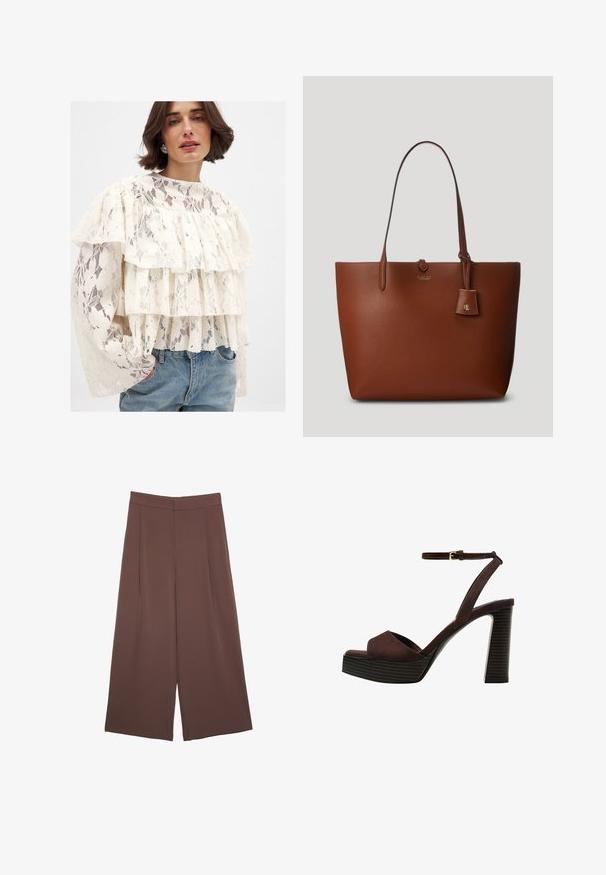 Bela čipkasta bluzica s tremi sloji volančkov, dolgimi rokavi in visokim izrezom. Ujemajoče se z svetlo modrimi kavbojkami.; Rjave široke hlače z gladko teksturo, ki imajo visok pas in sprednje naborke. Tkanina je lahka in prosto pada.; Rjave semiš sandale z visoko peto, odprto spredaj, z nastavljivim gležnjenjem in črtastim podplatom.; Tote torba iz rjavega usnja s peblasto teksturo, ki ima dve ročki, majhno pritrjeno oznako in subtilen logotip na sprednji strani. Gladka tekstura z oblikovano strukturo.