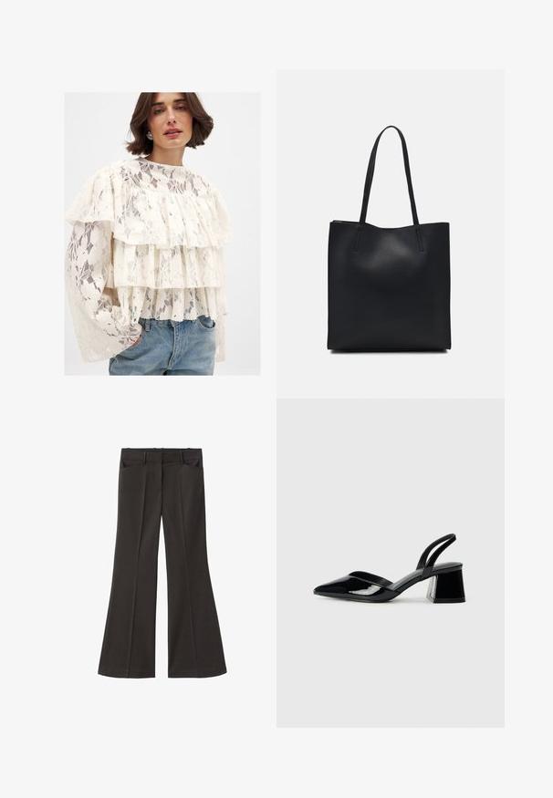 White lace blouse with three layered ruffles, long sleeves, and a high neckline. Paired with light blue denim jeans.; Black flared trousers with a high waist; features two front pockets and a smooth fabric texture. Suitable for various occasions.; Black patent leather slingback heels with a pointed toe and a geometric block heel. Features a sleek, minimal design and smooth texture.; Black leather tote bag with smooth texture, rectangular shape, and two long handles. No visible hardware or embellishments.