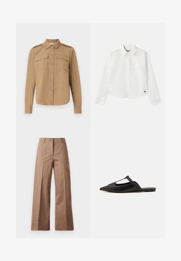 Majica dolgimi rokavi iz svetlo rjave tkanine z gumbnim zapenjanjem spredaj, dvema žepoma na prsi, ramenskimi epauletami in ukrivljenim robom.; Bela skrajšana srajca z dolgimi rokavi iz bombaža. Ima sprednje gumbke, žep na prsih in majhen črn logo na spodnjem levem delu.; Rjave široke hlače iz gladkega materiala, z zapiranjem spredaj na gumb, dvema sprednjima žepoma in čistimi, postavljenimi linijami.; Črne usnjene sandale s priponko, koničastim nosom in tkano dekoracijo ter gubanjem na zgornjem delu. Ravna podplata z minimalno opremo.