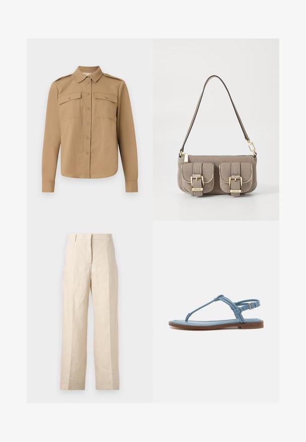 Koszula z długim rękawem w tanowym materiale, z guzikiem z przodu, dwiema kieszeniami na piersi, pagonami na ramionach i zaokrąglonym dołem.; Beżowe spodnie lniane o luźnym kroju, z plisowanym przodem i prostymi nogawkami. Posiadają pasek w talii z szlufkami i brak widocznych kieszeni.; Niebieskie skórzane sandały na płaskiej podeszwie, z cienkim paskiem i zapięciem na klamrę przy kostce, zapewniającym bezpieczne dopasowanie.; Beżowa torebka teksturowana z regulowanym paskiem, dwoma przednimi kieszeniami zabezpieczonymi klamrami oraz złotymi akcentami. Zamek błyskawiczny na górze.