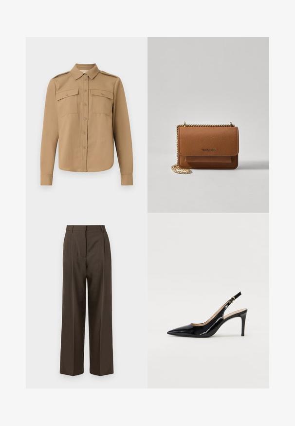 Langärmliges Hemd aus beige Stoff mit durchgehender Knopfleiste, zwei Brusttaschen, Schulterklappen und abgerundetem Saum.; Braune weite Hosen mit einer glatten Textur, featuring einen hohen Bund, vorne Falten und einem taillierten Design. Keine sichtbaren Taschen oder Verzierungen.; Schwarz lackierte Slingback-Pumps mit spitzem Zehenbereich, schlankem Absatz und einem subtilen Ausschnittdesign. Verfügt über eine goldene Schnalle am Riemen.; Braune strukturierte Ledertasche mit goldener Kettenriemen und Klappenverschluss. Die Vorderseite zeigt ein Logo-Detail und eine Tasche unter der Klappe.